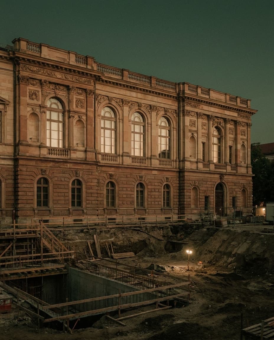 An ornate building stands finished above an open, unfinished foundation pit — output racing ahead of its footing.