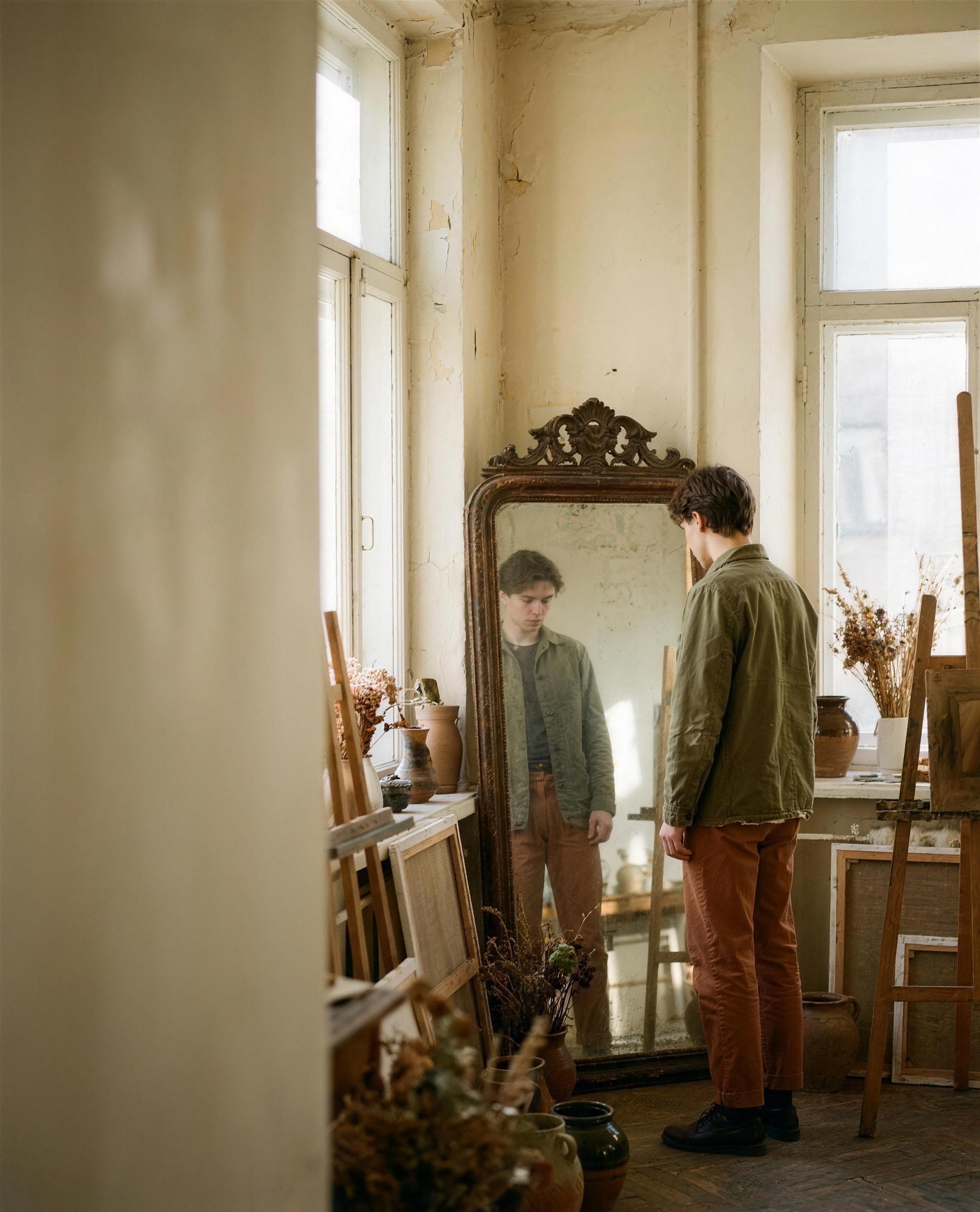 A young artist stands in his studio in front of an old mirror, looking at his reflection.